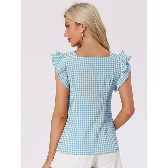 Summer Gingham Tops Square Neck Ruffle Cap Sleeve Blouses Lake Blue - Picture 3 of 6